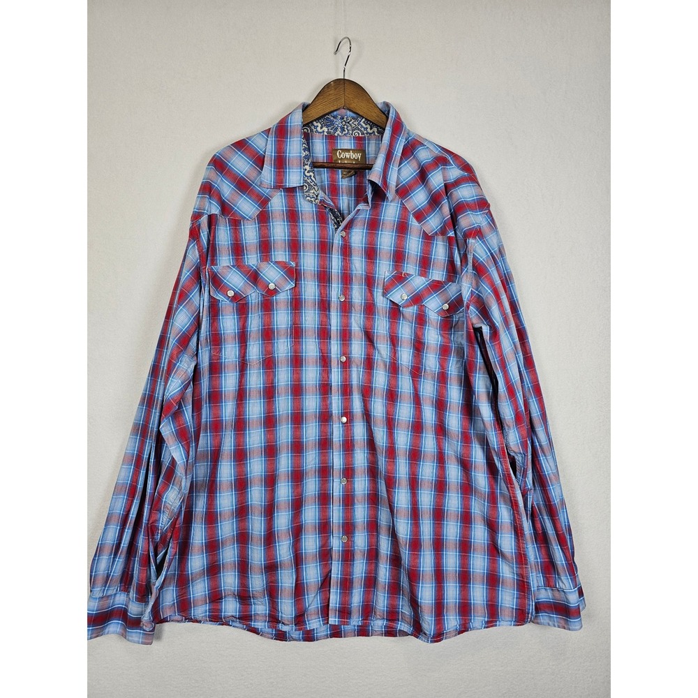 Western Cowboy Legend Shirt Mens 3XLT Red Blue Plaid Pearl Snap Long Sleeve Tall
